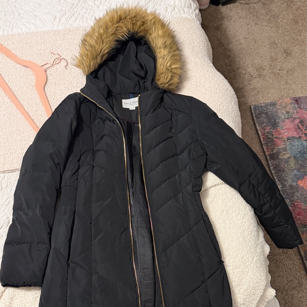 Cole Haan Black Puffer Jacket with Faux Fur Hood